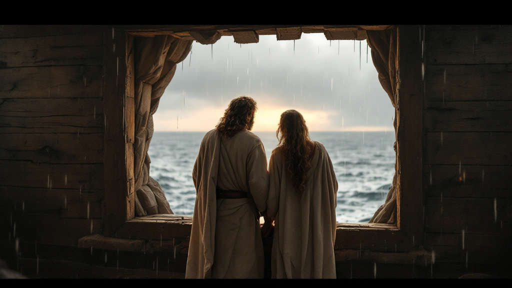 Noah and his wife watch the forty days of rain from the window of the ark