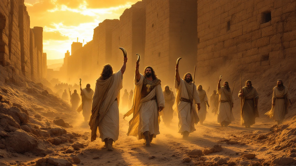 Joshua and seven priests with rams' horns circle the walls of Jericho