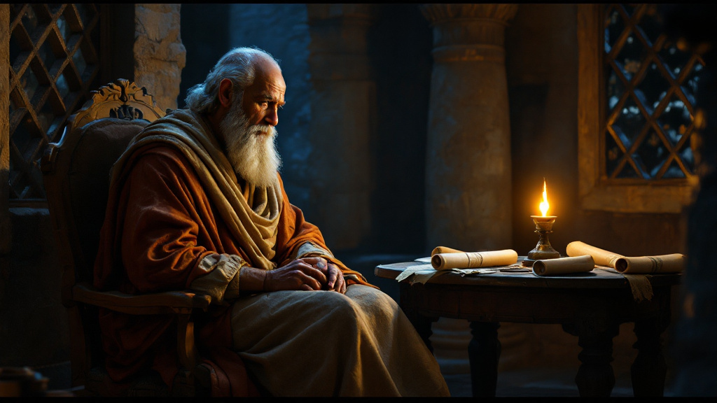 Daniel studies the scrolls by lamplight, pondering the numbers of prophecy