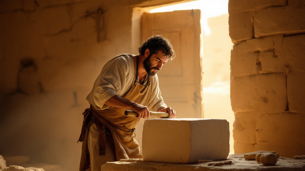 A craftsman shapes stone before a door opening onto light, a symbol of the code that unlocks a door within