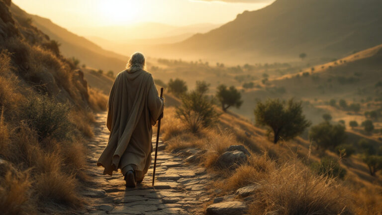 The patriarch Enoch walking alone on a hill path at dawn in the ancient Near East