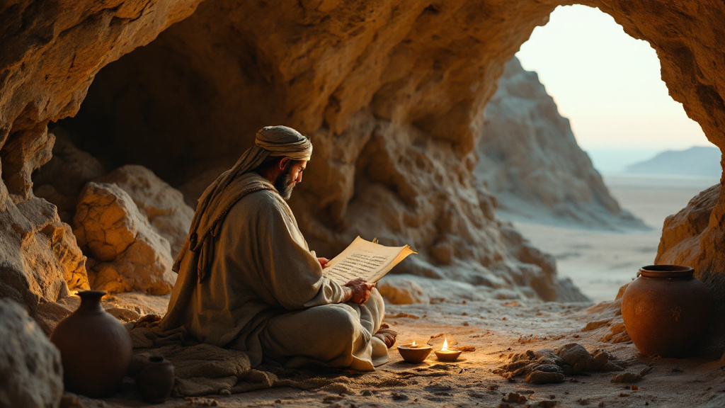 An ancient scribe copying a scroll by lamplight in a cave near the Dead Sea