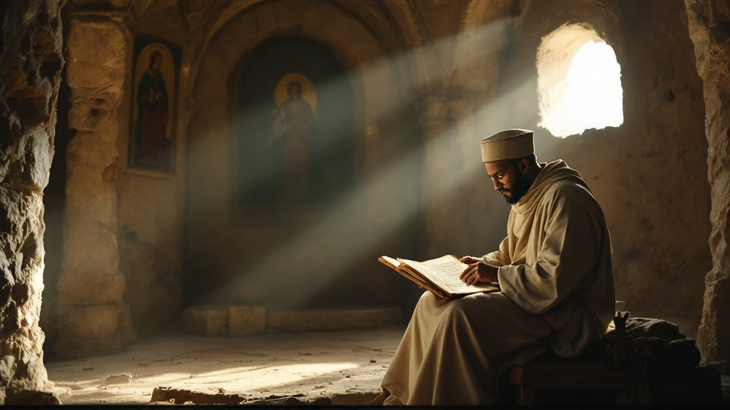 An Ethiopian monk reading an ancient Ge'ez manuscript of the Book of Enoch in a rock-hewn church