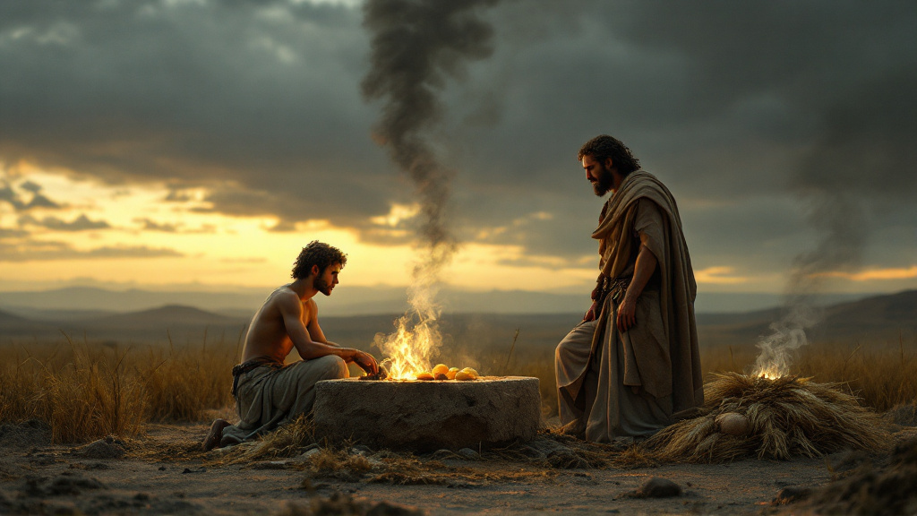 Cain and Abel bring their offerings to two stone altars, Abel's smoke rising and Cain's drifting low
