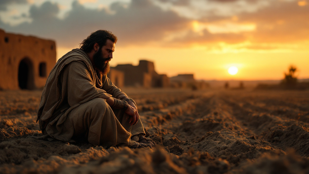 Cain sits alone at the edge of his field at sunset, brooding