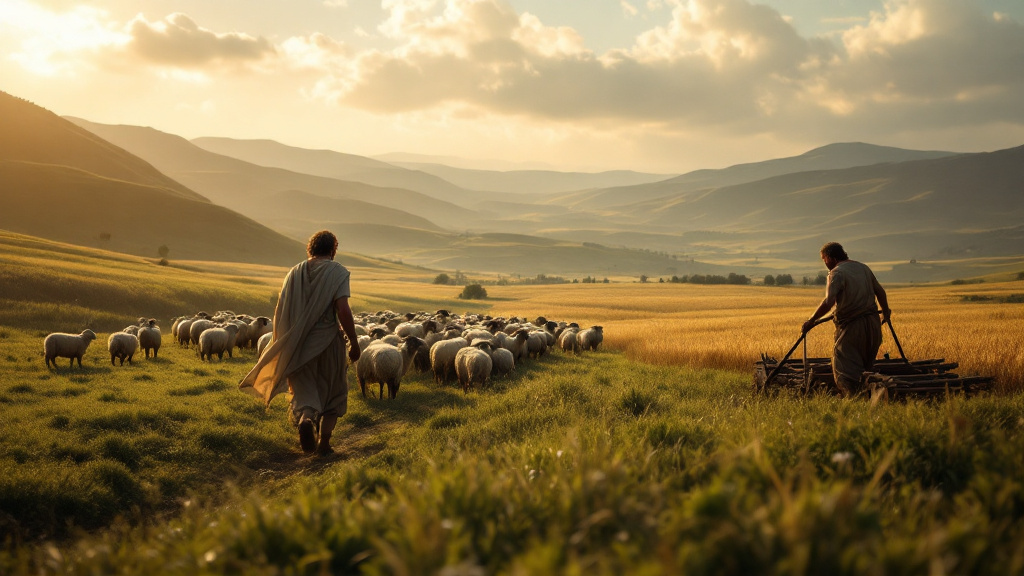 A shepherd with his flock and a farmer at his plough on neighbouring hillsides