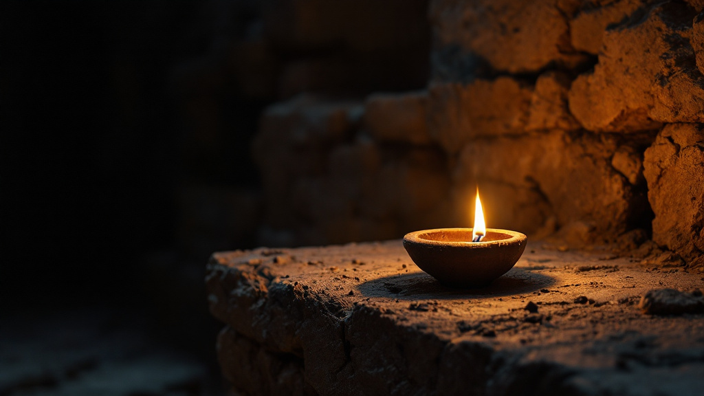 A clay oil lamp glows on a stone ledge in a dark ancient room
