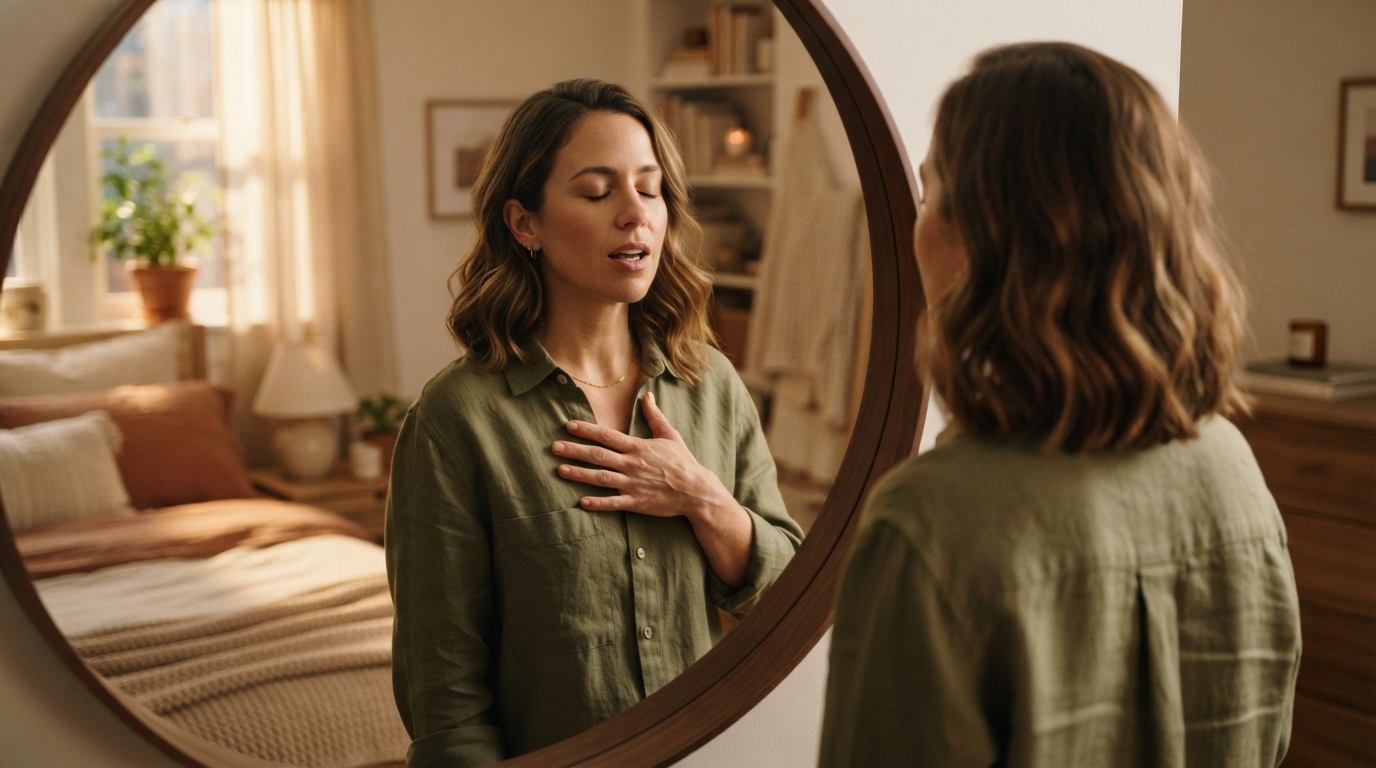 A woman rests a hand over her heart as she speaks an affirmation