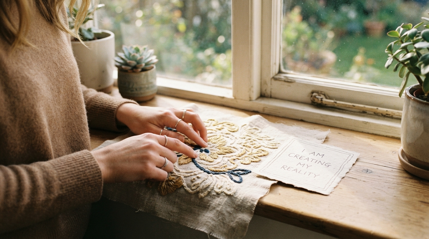 Hands tracing a textured fabric beside a handwritten affirmation card