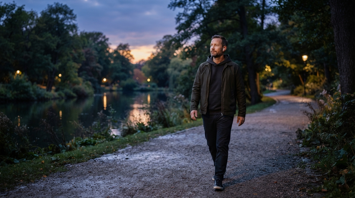 A man listens to a spoken affirmation through earbuds on an evening walk