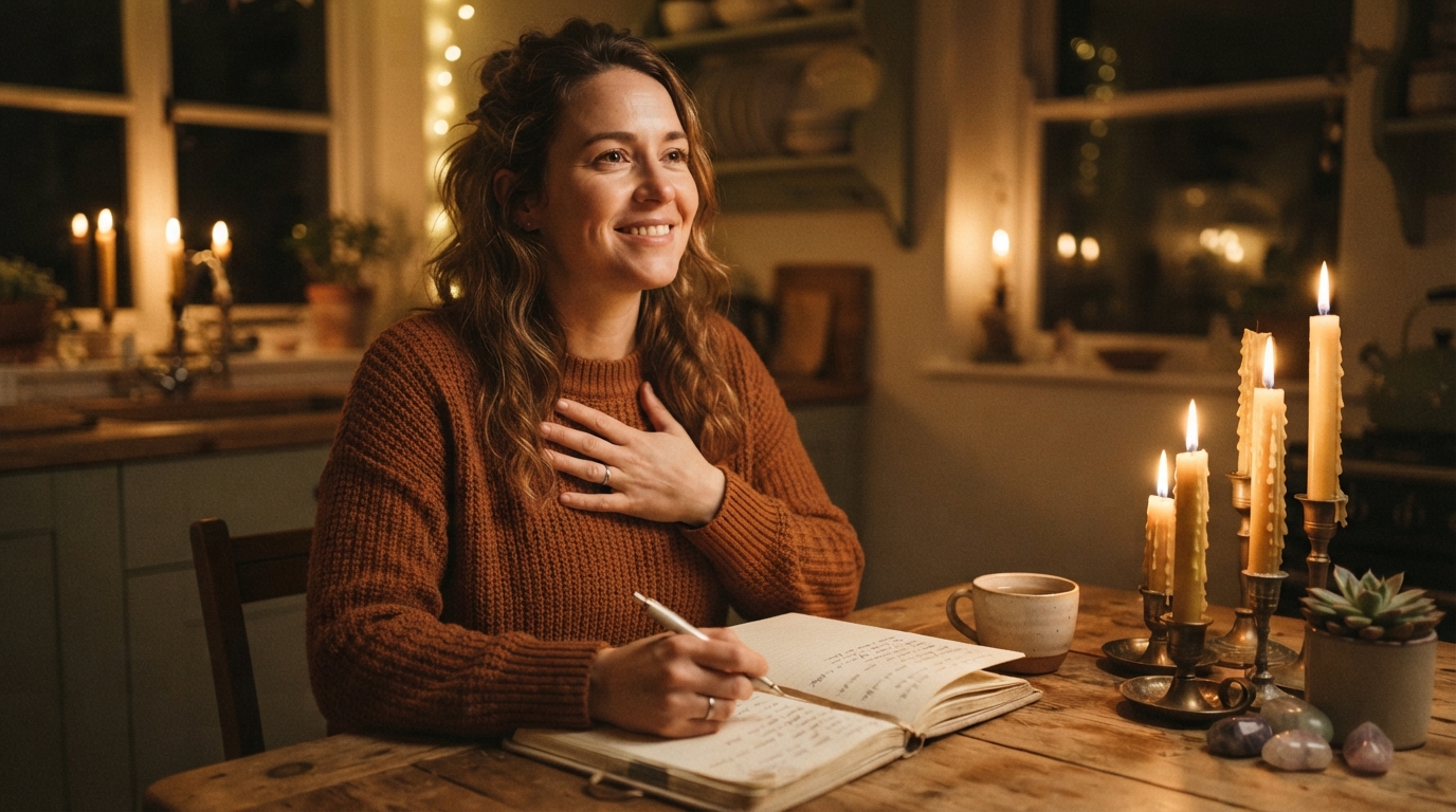 A woman writes in a notebook at a candlelit kitchen table