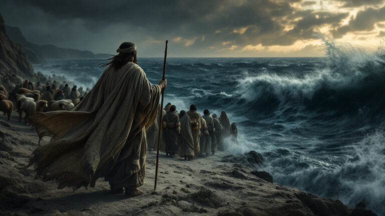 Moses standing at the edge of the Red Sea with the Israelites gathered behind him