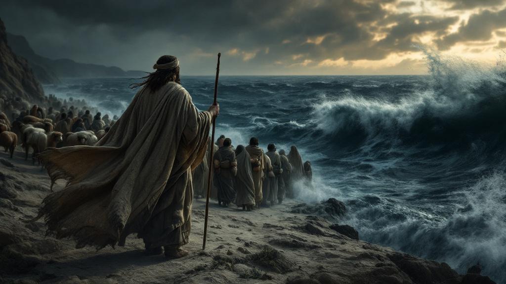 Moses standing at the edge of the Red Sea with the Israelites gathered behind him