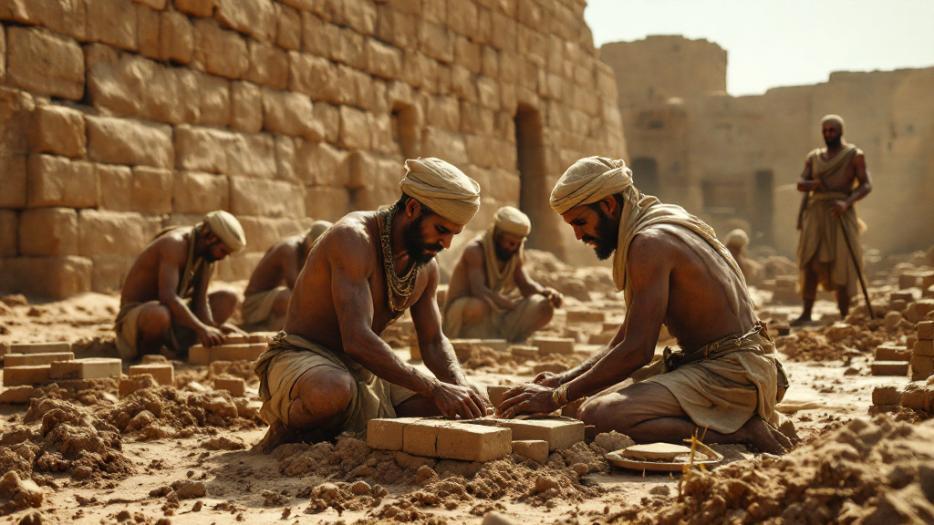 Hebrew slaves in Egypt making bricks without straw under a taskmaster's watch