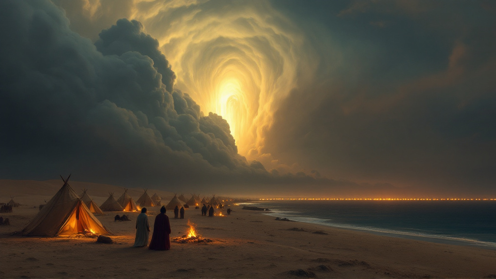 The pillar of cloud standing between the Israelite camp and Pharaoh's army at night