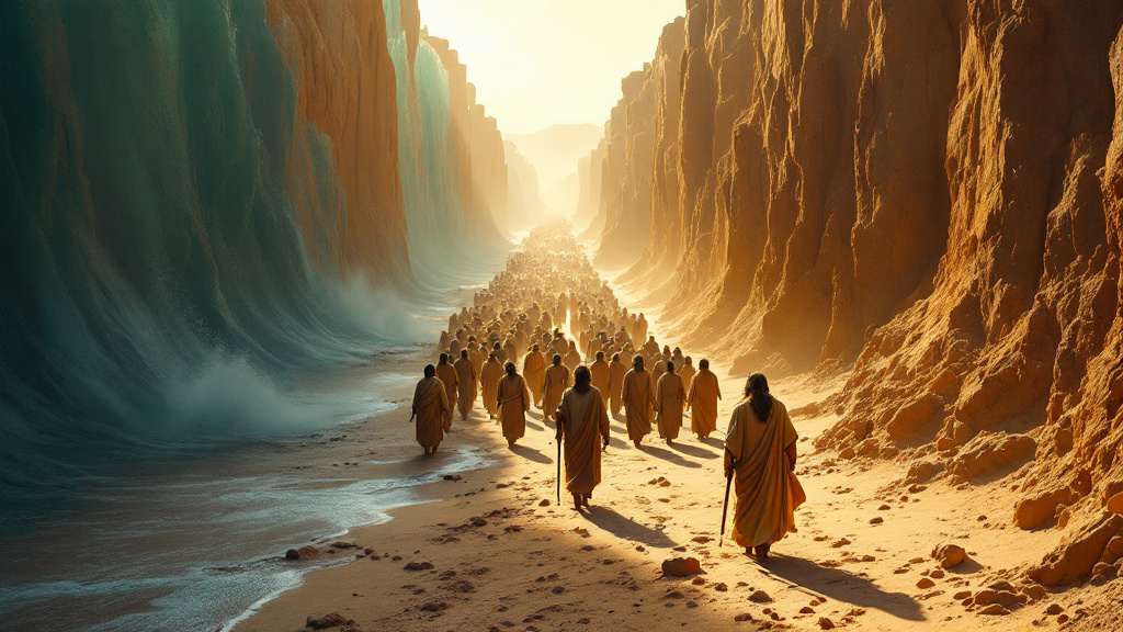 The Israelites crossing the Red Sea on dry ground between walls of water