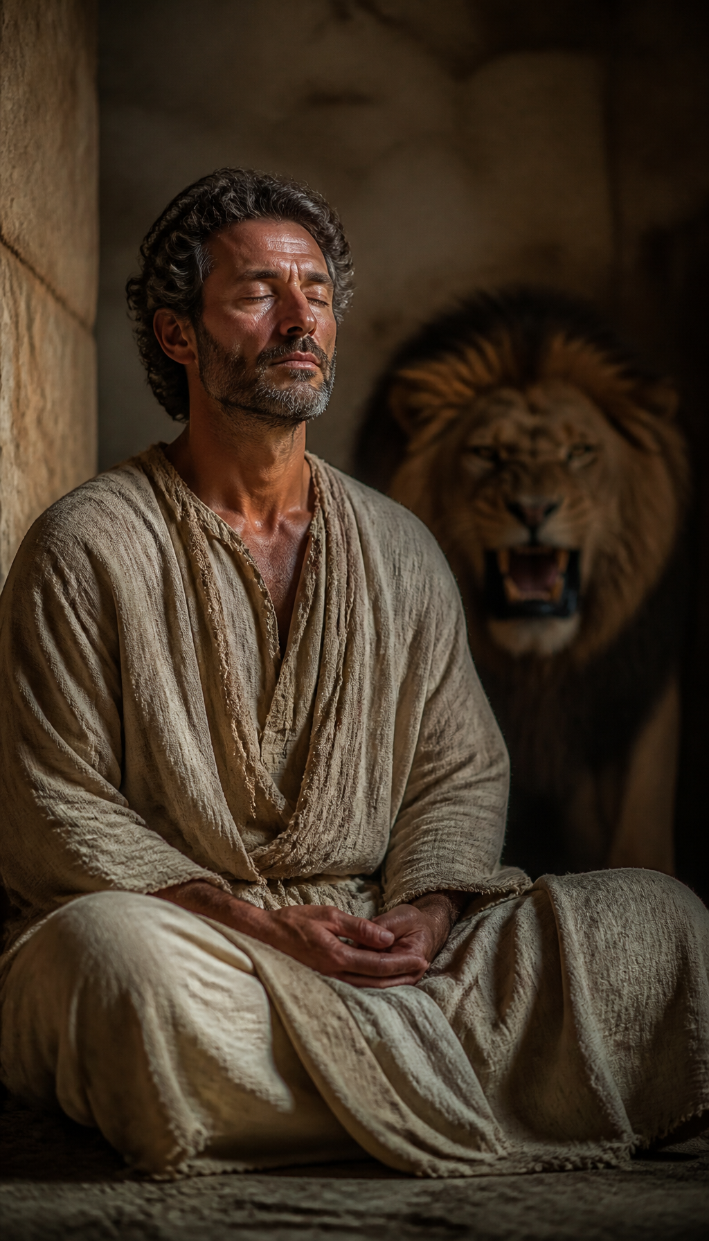 Daniel sits calm among the lions in the den
