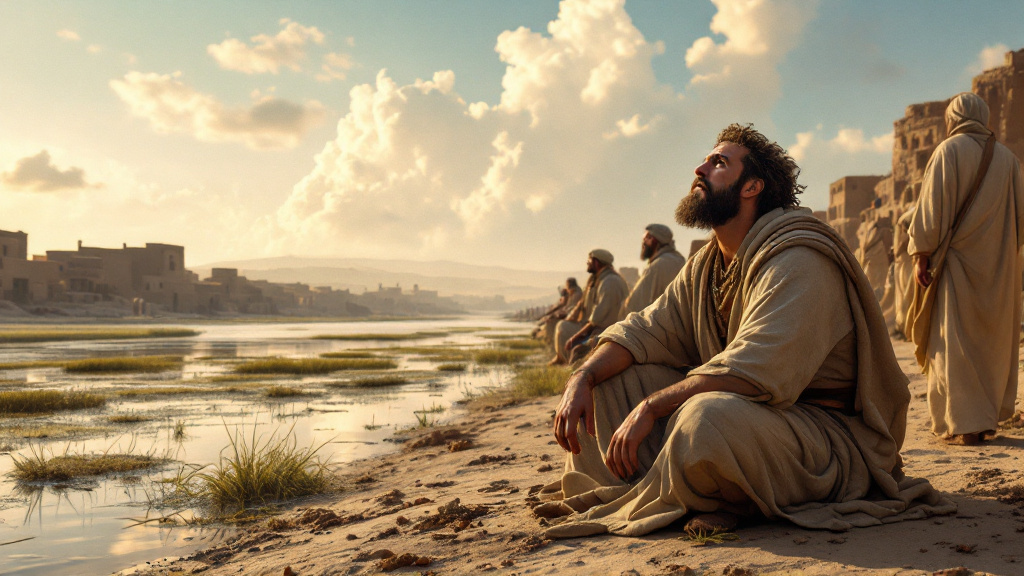 Ezekiel among the exiles by the river Chebar as the heavens open