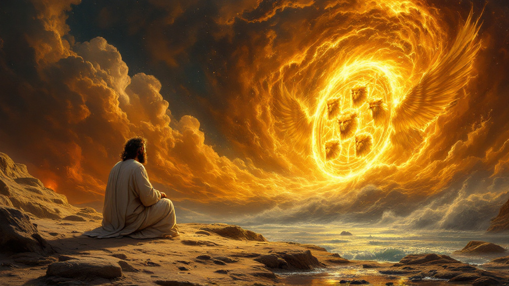 Ezekiel kneels before the four living creatures and the wheels within wheels