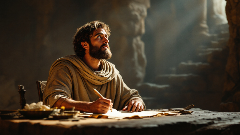 The apostle Paul pauses in wonder while writing by lamplight