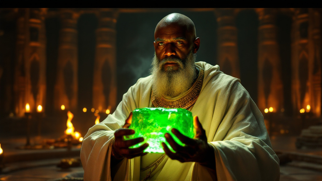 Hermes Trismegistus, an African Egyptian sage, holding the glowing Emerald Tablet in a torchlit temple, the legendary source of the Kybalion's Hermetic principles