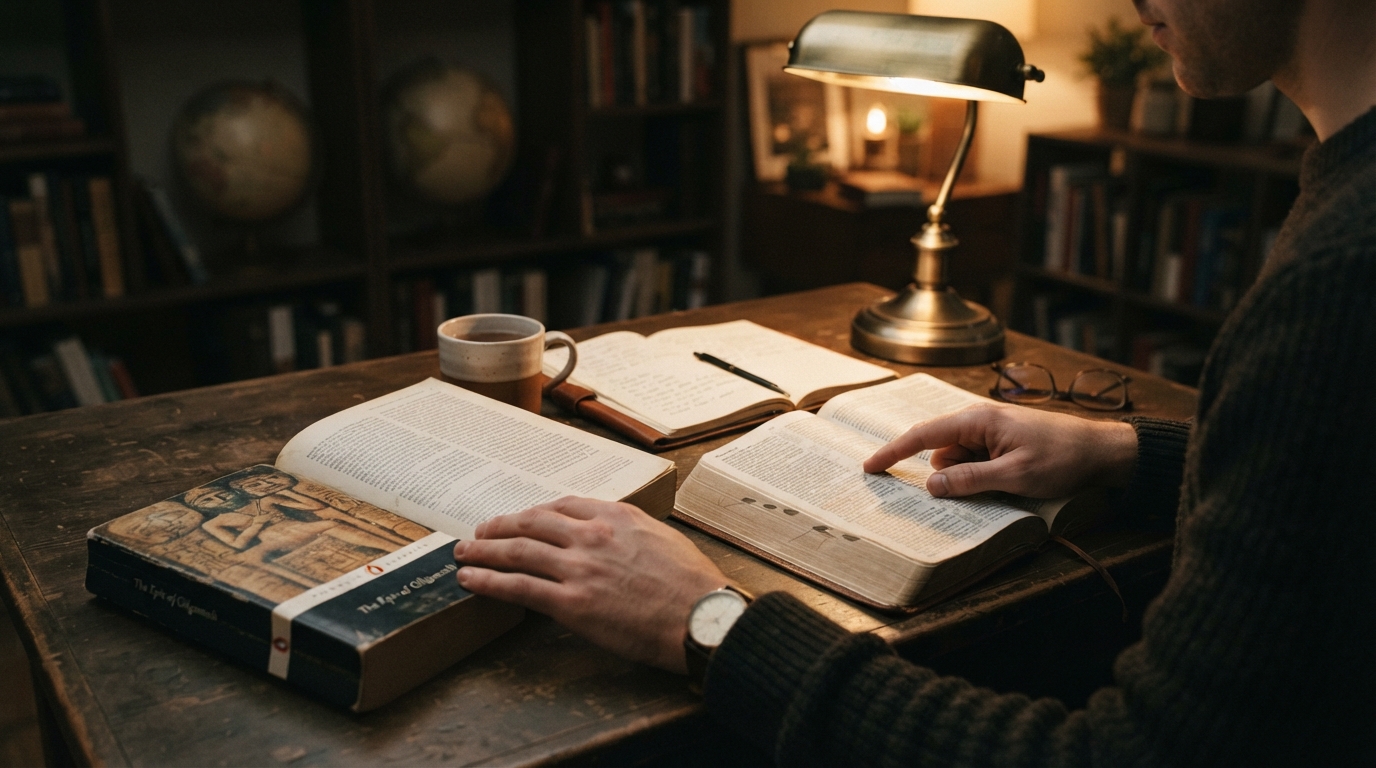 Hands compare a translated Gilgamesh epic and an open Bible