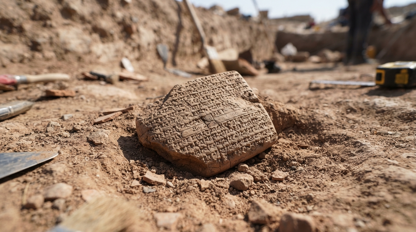 A cuneiform tablet fragment in excavation soil