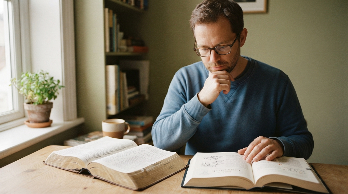 A reader beside an open Bible and a Gilgamesh translation