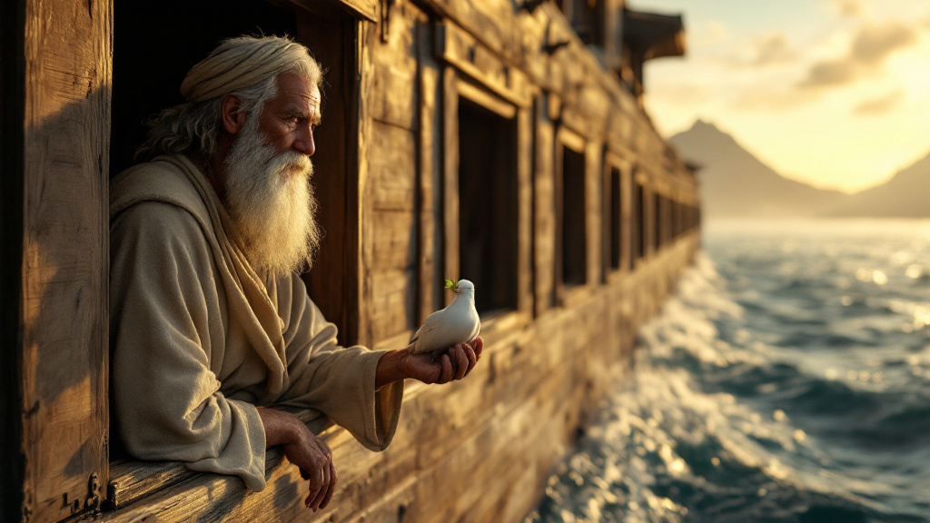 Noah at the window of the ark receives the dove returning with an olive leaf