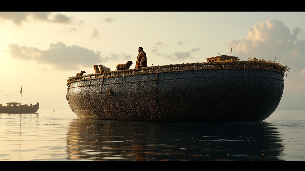 The round ark described on the Babylonian Ark Tablet, a giant coracle of rope and bitumen on the floodwaters