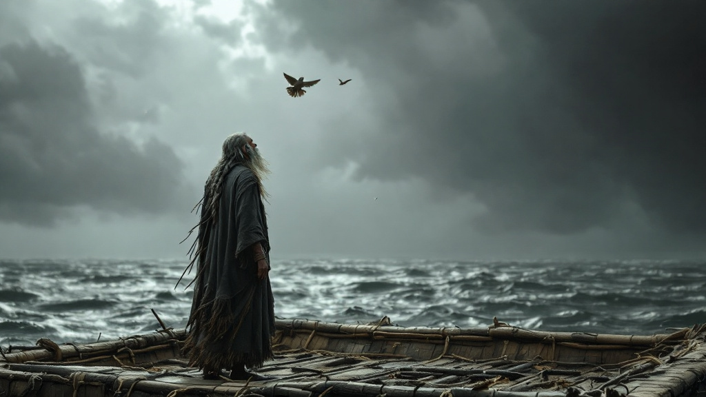 Utnapishtim, the flood hero of the Epic of Gilgamesh, releases a bird from his great boat above the floodwaters