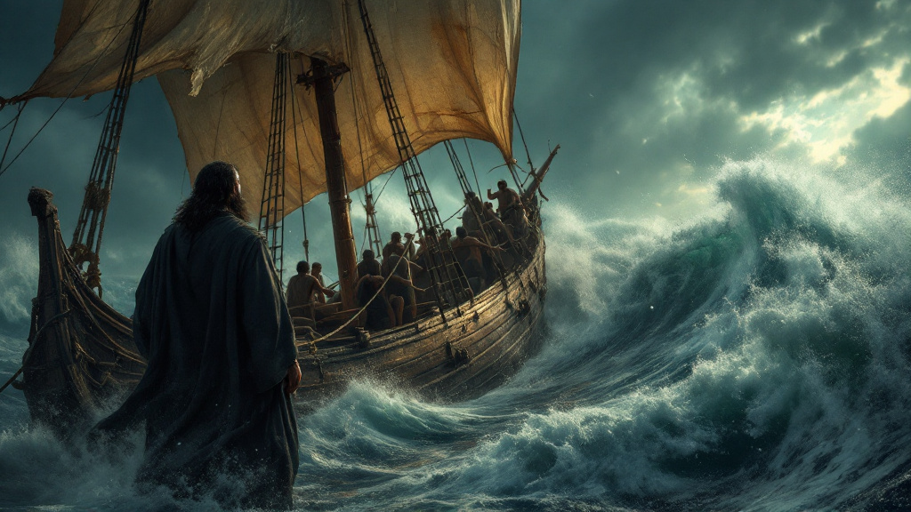 Jonah stands on a storm-tossed ancient ship as sailors struggle with the sails