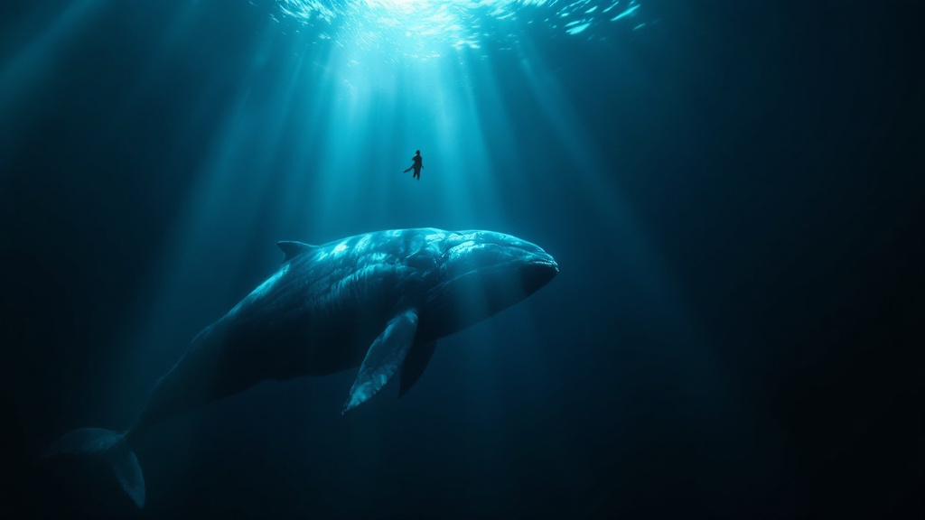 A great whale glides through the dark sea as a small figure sinks from above