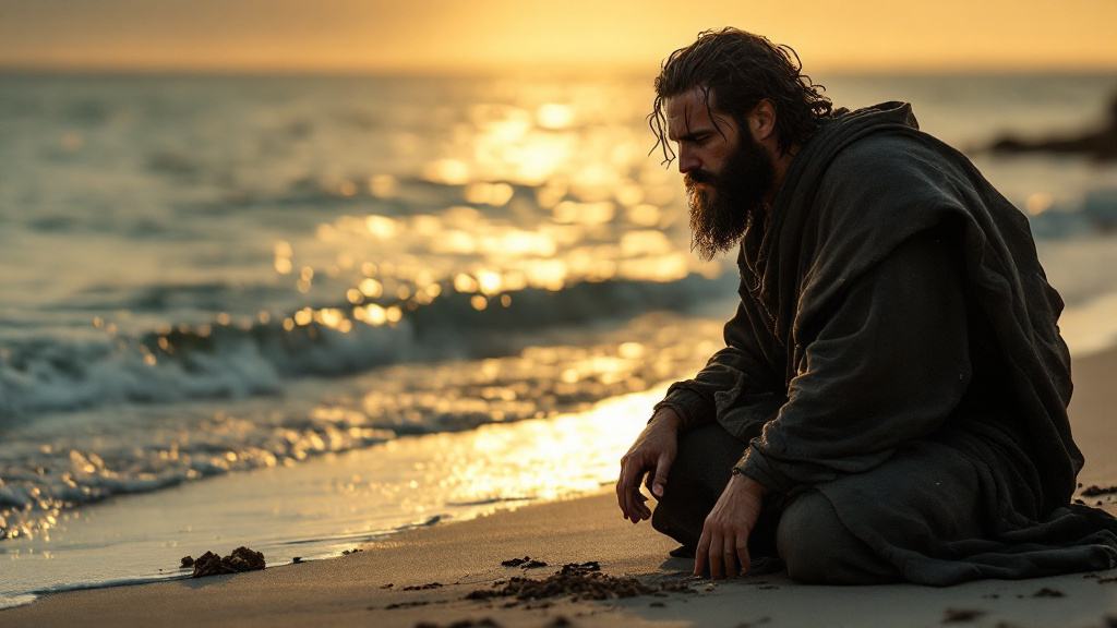 Jonah kneels on the shore at dawn after the three days in the dark