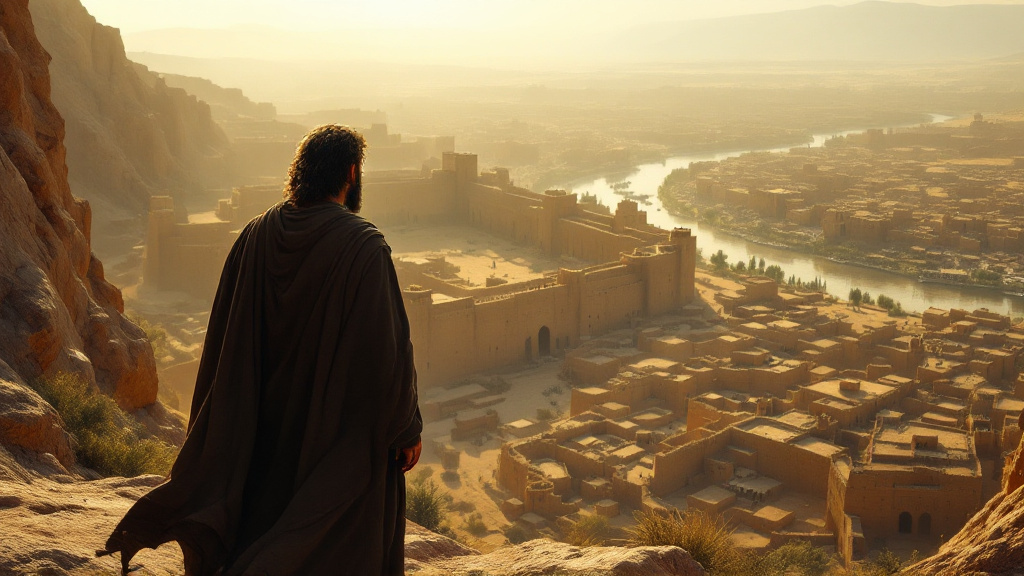 Jonah looks out over the walls of Nineveh at sunrise