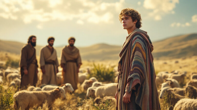 Young Joseph in his coat of many colours as his brothers watch with resentment