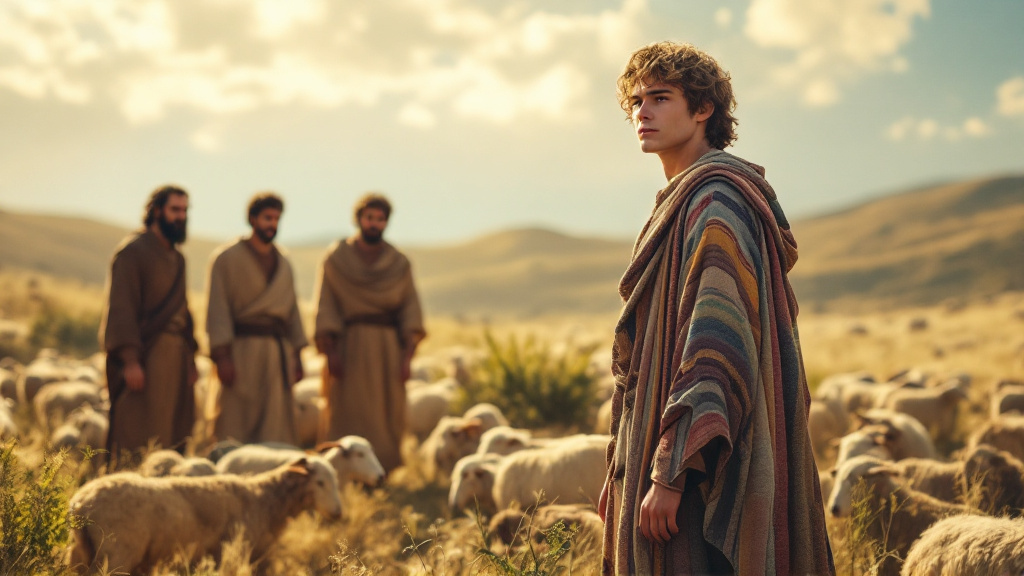 Young Joseph in his coat of many colours as his brothers watch with resentment