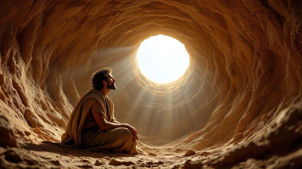 Joseph sits at the bottom of a dry pit looking up at the light