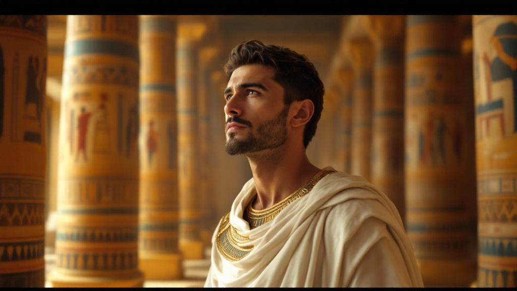 Joseph as governor of Egypt standing in a columned palace hall
