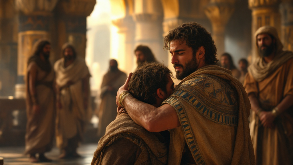 Joseph embraces his brothers in reconciliation in an Egyptian hall