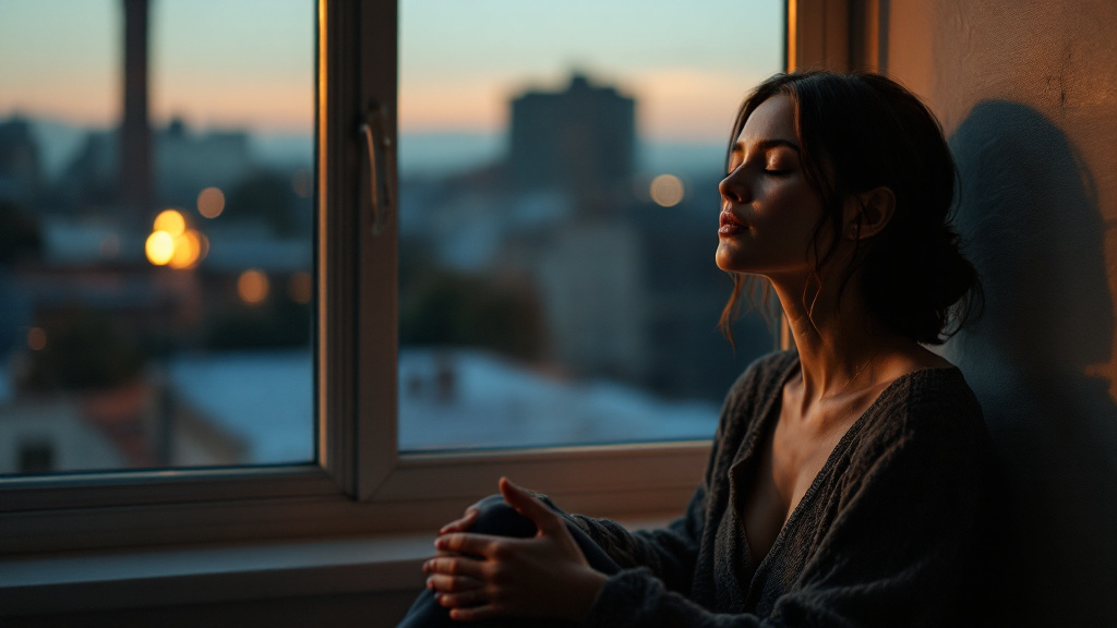 A person sitting by a window at dusk, eyes closed, feeling the wish fulfilled
