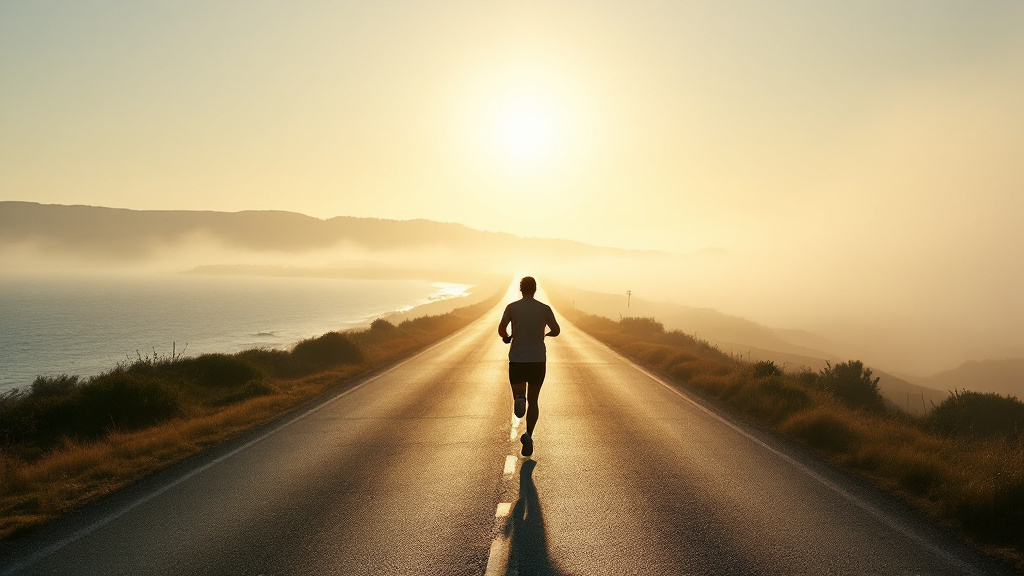 A lone marathon runner on a coastal road at sunrise, a picture of patient practice