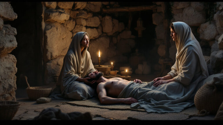 Martha and Mary sit beside their sick brother Lazarus by lamplight in Bethany