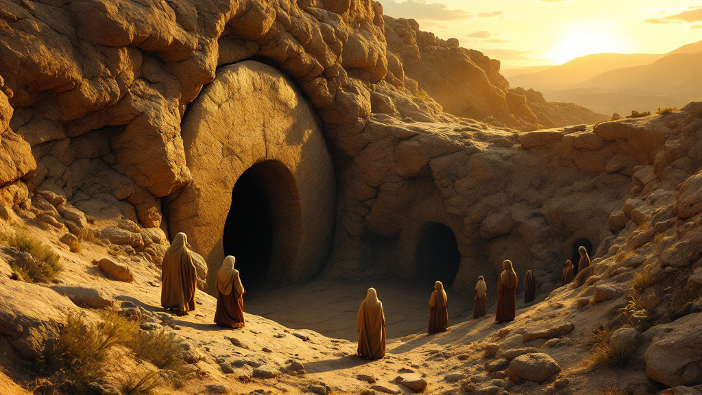 The stone is rolled away from the tomb of Lazarus as the sisters and villagers watch