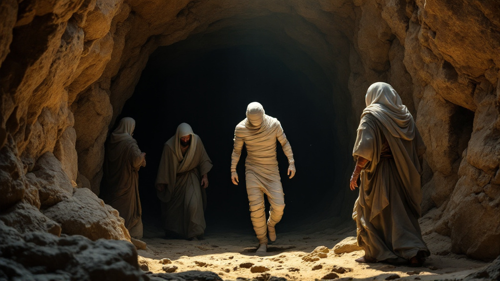Lazarus comes forth from the tomb bound in graveclothes
