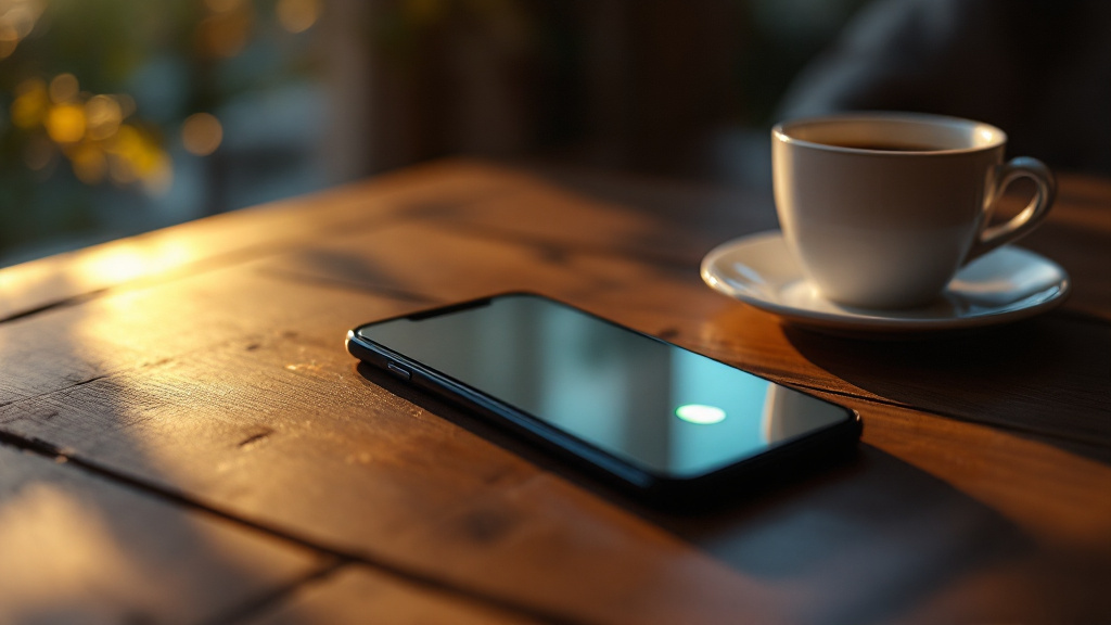 A smartphone glowing with an incoming call on a table, recalling an unexpected call from a lost friend