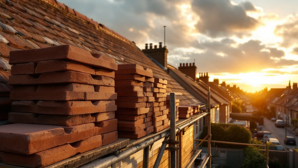 Stacks of matching reclaimed roof tiles on scaffolding beside a half-finished roof extension