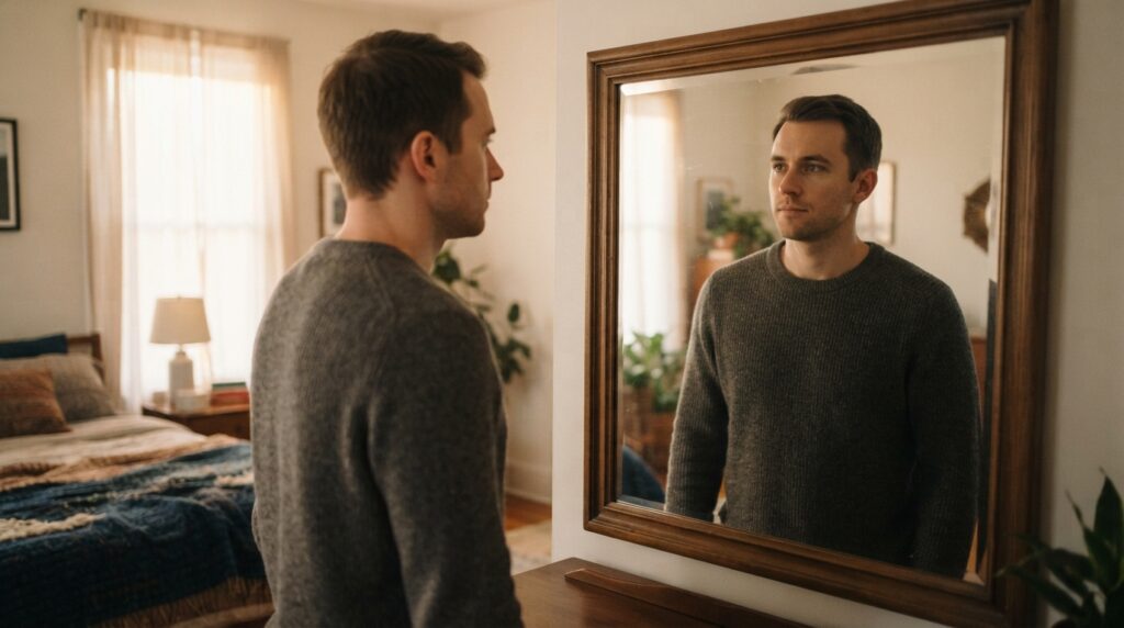 A man meets his own gaze in a mirror, a reminder that other people reflect your own assumptions