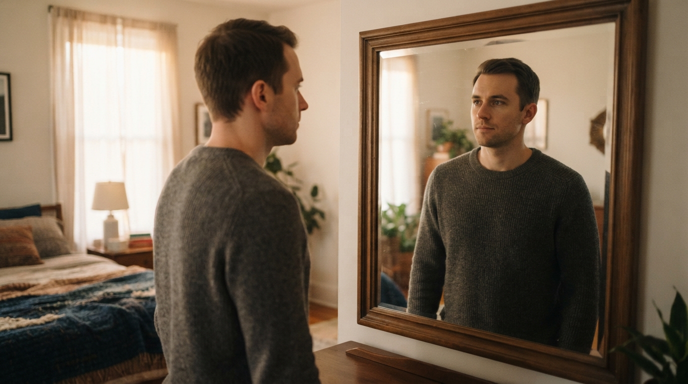 A man meets his own gaze in a mirror, choosing the state he lives from