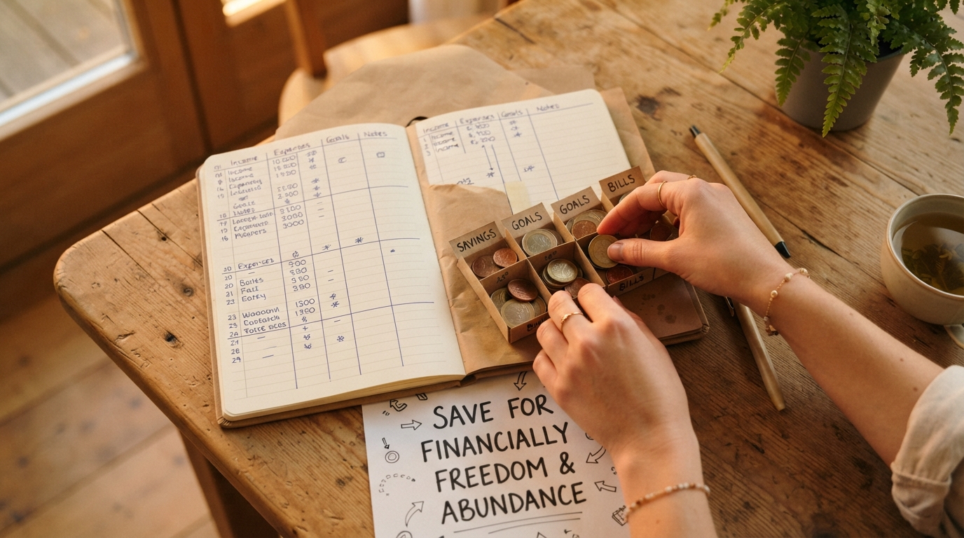Hands arranging a budget notebook and a handwritten financial goal